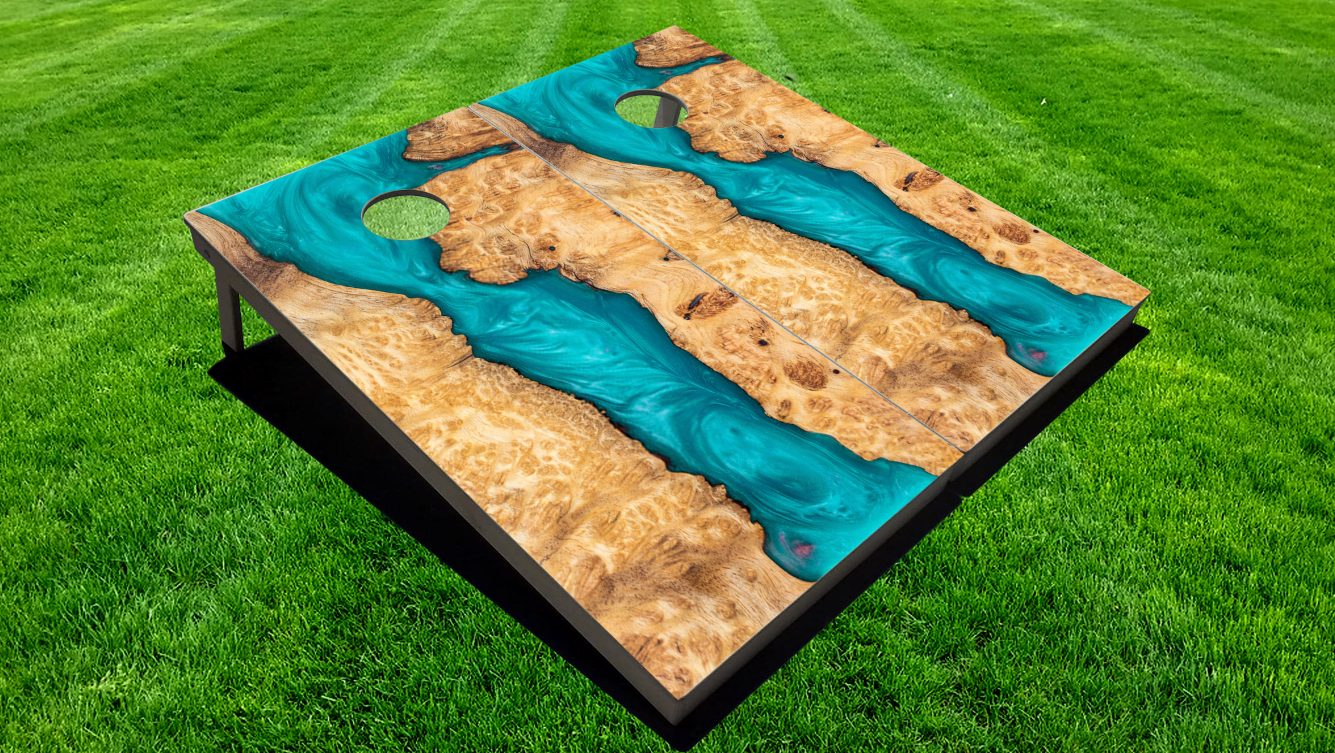 Light Blue epoxy look cornhole boards