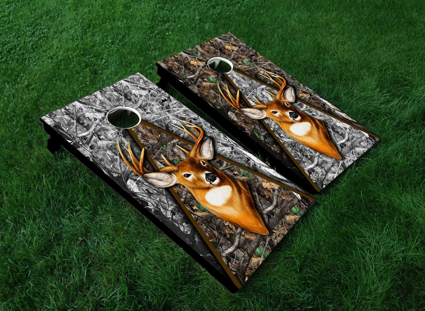 Deer Head with camo background cornhole board
