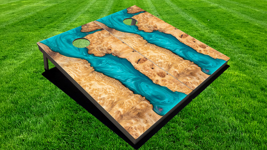 Light Blue epoxy look cornhole boards